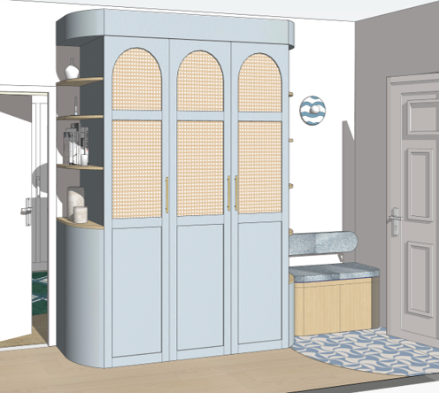 Modélisation 3D d’un meuble d’entrée sur-mesure conçu par l’architecte d’intérieur Marie Laumesfeld à Colombes.